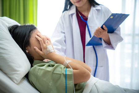 流产手术病人夫人伤心,和她的医生在医院的病人室里哭泣照片
