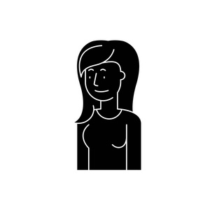 女性注意力黑色图标, 在孤立的背景上的矢量符号。女性注意概念标志, 例证