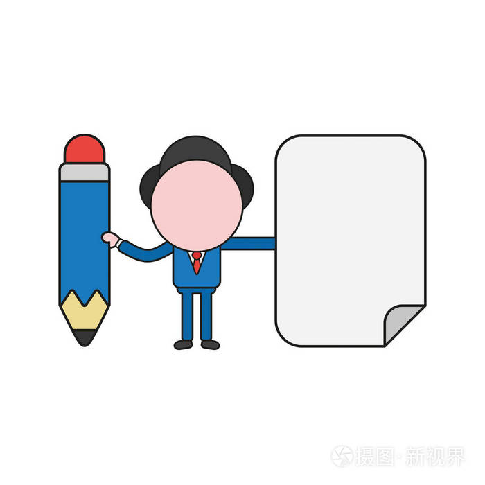 商人人物手持铅笔和白纸的矢量插图概念. 颜色和黑色轮廓.