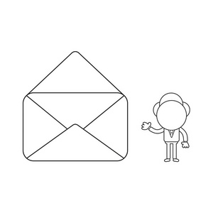 矢量插图概念的商人字符与打开的邮件信封. 黑色轮廓.照片