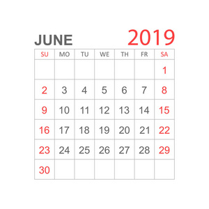 日历2019年6月，风格简单。 日历规划师设计模板。 议程6月月度提醒。 商业矢量插图。