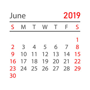 日历2019年6月，风格简单。 日历规划师设计模板。 议程6月月度提醒。 商业矢量插图。