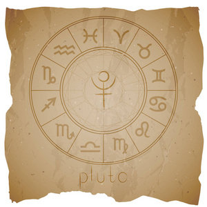 矢量插图与手工绘制的占星行星符号冥王星在一个灰色的旧背景与撕裂的