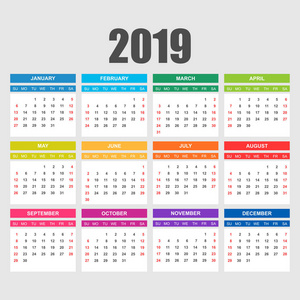 日历2019年的简单风格。 日历规划师设计模板。 彩色议程每月模板。 商业矢量插图。