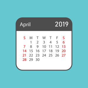 日历2019年4月，风格简单。 日历规划师设计模板。 议程4月月度提醒。 商业矢量插图。