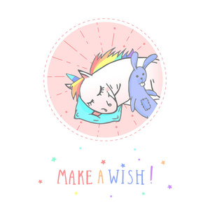 矢量贴纸或图标与手绘可爱的独角兽玩具兔子和文字许愿!