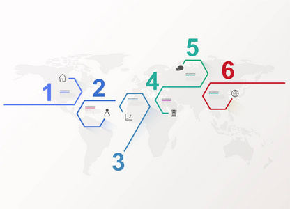 六个彩色六边形矢量进度步骤插图与图标和位置为您的公司信息。 它可用于演示网页设计报价调查横幅研究。