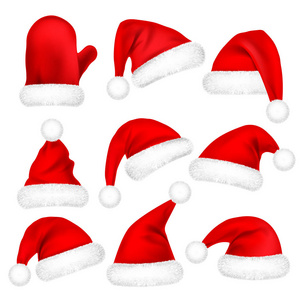 圣诞节圣诞老人帽子与毛皮设置, 米腾。在白色背景下隔离的新年红帽。冬帽。向量例证