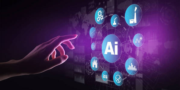 人工智能机器学习大数据分析和自动化技术在虚拟屏幕上的商业和工业制造概念