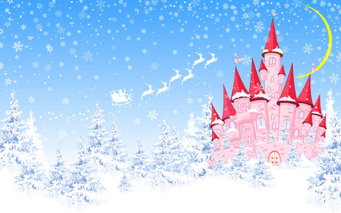 城堡在森林里卡通粉红色城堡在冬季白雪覆盖森林的背景下.