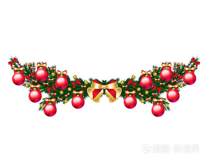 装饰元素与圣诞树树枝装饰红色鲍布和蝴蝶结在白色矢量插图