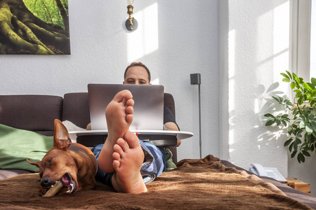 一个快乐的赤脚男人在家里用笔记本电脑工作, 而他的狗在做有趣的事情