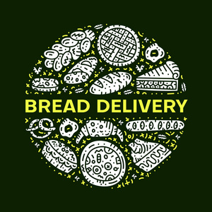 面包交付。圆向量概念。面包店涂鸦插图