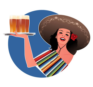 美丽的墨西哥女孩与典型的墨西哥帽子, 携带一盘啤酒, 孤立在白色的背景。复古风格