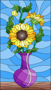 彩色玻璃风格的插图与花的静物，一束向日葵在紫色花瓶蓝色背景