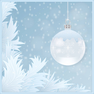白色的球与雪花在浅蓝色的背景，框架从一个霜状的图案。明信片或圣诞背景。矢量图