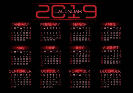 2019年日历红灯色调上黑色背景矢量插图。