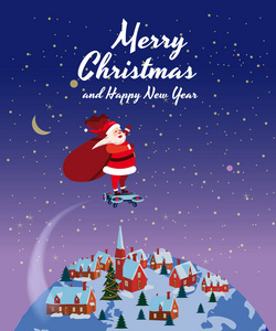 圣诞老人在气垫船上飞来飞去, 带着一袋礼物环绕着地球。祝贺圣诞快乐, 新年快乐。向量, 横幅, 海报, 贺卡, 例证, 查出