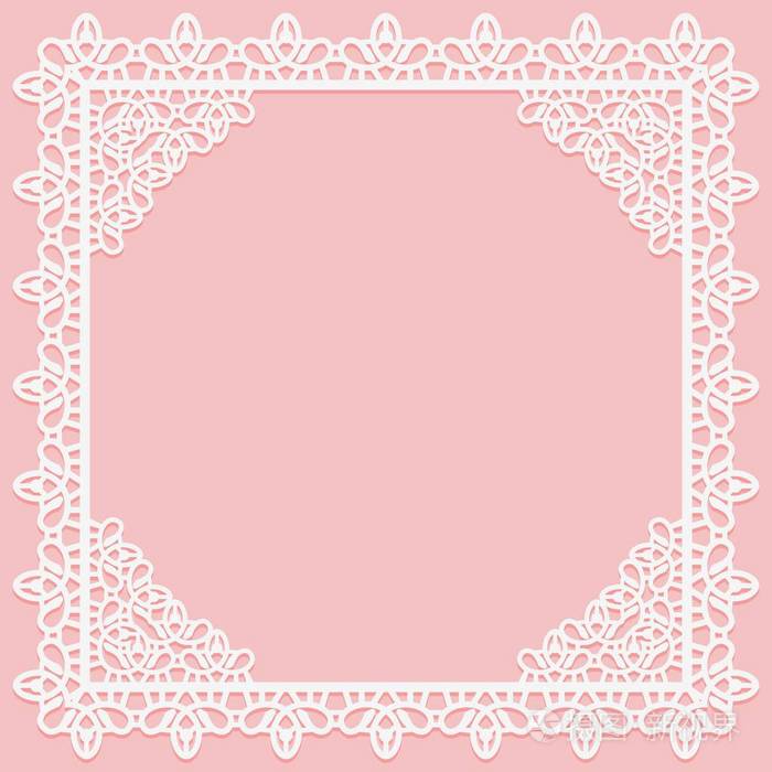 白色开放式方形框架与花边角在粉红色背景. 适用于激光切割. 矢量插图
