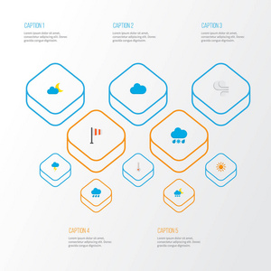 气候图标扁平的风格设置与闪电, 多云, 阳光明媚和其他寒冷的元素。被隔绝的向量例证气候图标
