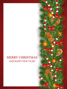 圣诞节和新年垂直背景装饰花环和边界的现实外观圣诞树树枝装饰浆果星星和姜饼饼干珠子。 矢量图。