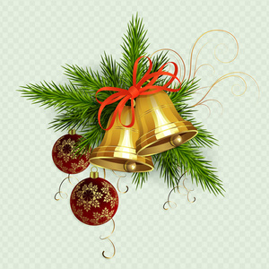 云杉绿色小枝, 红色丝带金色铃铛, 设计元素的圣诞组成