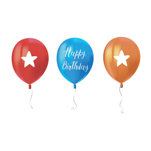 三个空中飞行气球孤立在白色背景上。 祝你生日快乐。 生日聚会或气球贺卡设计元素的节日装饰元素。 向量