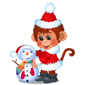 可爱的猴子打扮成圣诞老人雕刻雪人孤立在白色的背景。圣诞节日海报素描派对邀请函其他节日贺卡。向量动画片特写例证