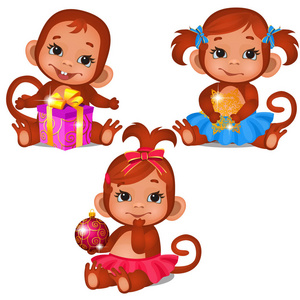 一套可爱的儿童猴子玩圣诞礼物孤立在白色的背景。圣诞节日海报素描派对邀请函其他节日贺卡。向量动画片特写例证