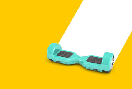 3d 渲染薄荷色的自平衡板驱动器在黄色背景, 并留下白色的痕迹