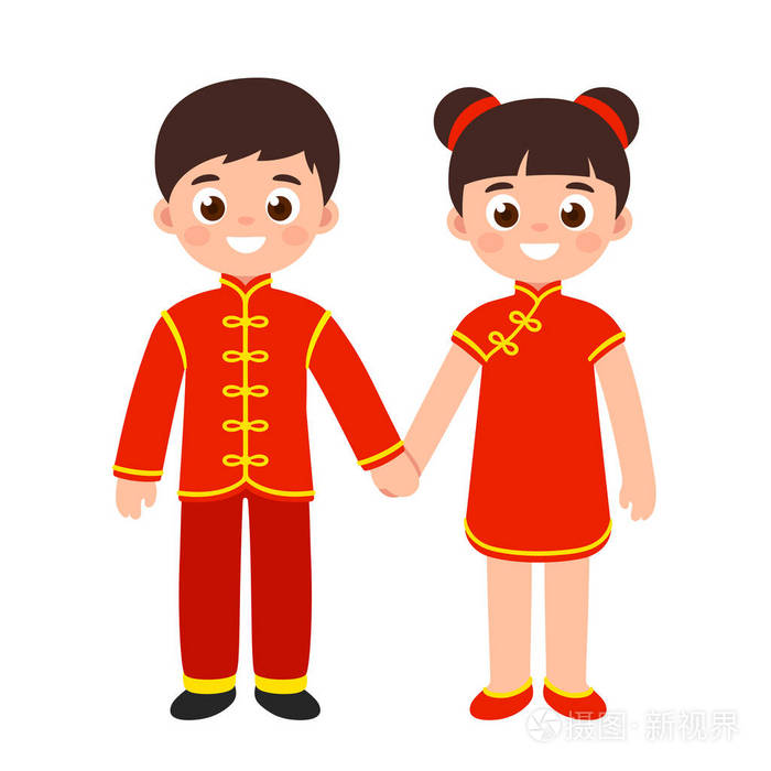 卡通儿童穿传统红色中国新年服装. 矢量剪辑艺术插图.