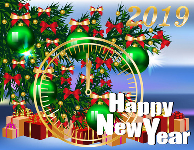新年快乐，2019年横幅，圣诞树和钟面矢量插图