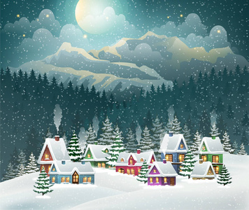 傍晚的村庄冬季景观，白雪覆盖的房屋和山脉。 圣诞节假期矢量插图