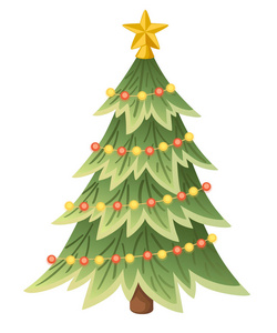用星星灯装饰球装饰圣诞树。 圣诞快乐，新年快乐。 绿色云杉常绿树。 在白色背景上隔离的平面矢量插图。