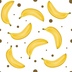 黄色香蕉无缝图案。 带有圆点背景的甜香蕉图案。 时尚的无缝背景香蕉