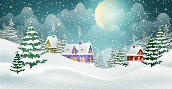 傍晚，冬天的村庄景观，白雪覆盖的房子。 假期矢量插图