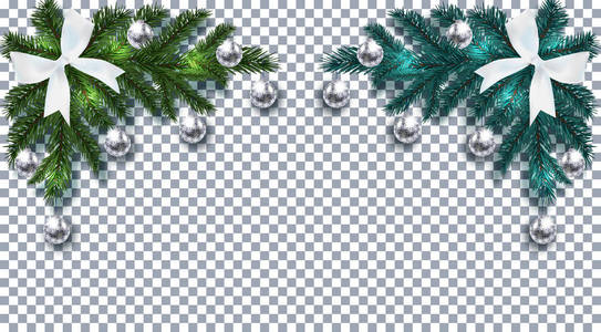 新的一年。圣诞节。绿色和蓝色的圣诞树树枝与玩具与阴影。边角绘图。白色弓, 银色球与在格子背景上的样式。插图