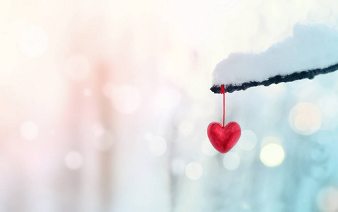 冬天雪树枝上的红心。 假日。 情人节快乐庆祝活动。 心的爱