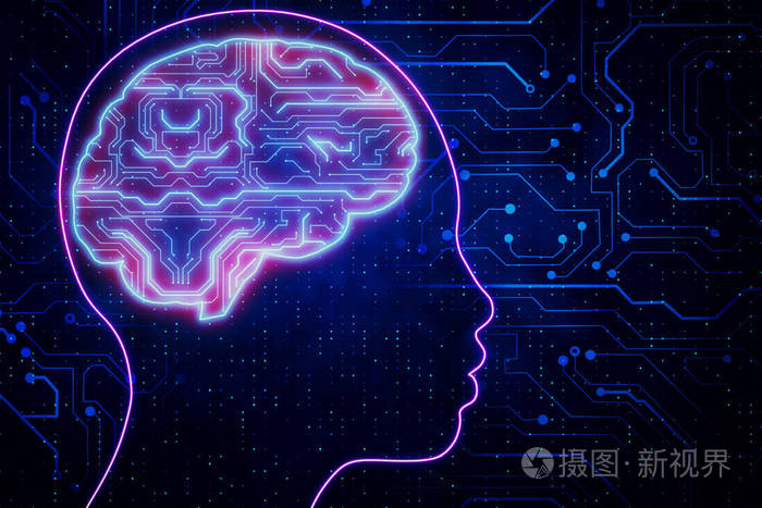 黑色背景上的抽象发光电路脑头人工智能和机器人概念3d渲染