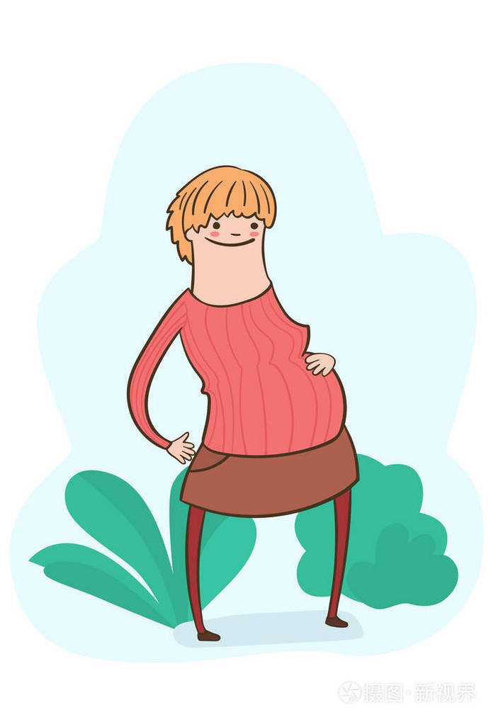 孕妇年轻快乐的女孩卡通风格的怀孕矢量插图