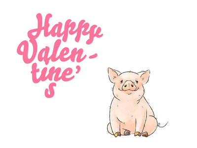 手绘淘气猪。 可爱有趣的小猪隔离在白色背景上。 铭文快乐的情人节。 浪漫插图