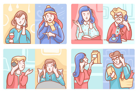 雇员对话交流智能手机一套电话对话. 细胞说话场景交谈和讲述交流.