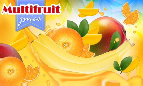 矢量广告3D推广横幅现实芒果，橘子，香蕉，菠萝飞溅，落片，果汁，滴维生素叶。 冰淇淋酸奶品牌广告。 标签海报