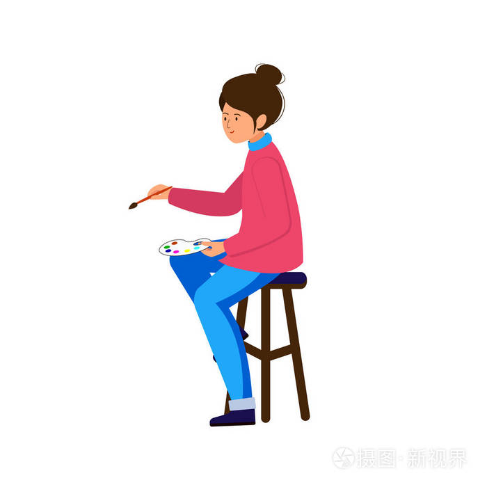 艺术家的作品坐在凳子上的有刷子和调色板的女人女孩画