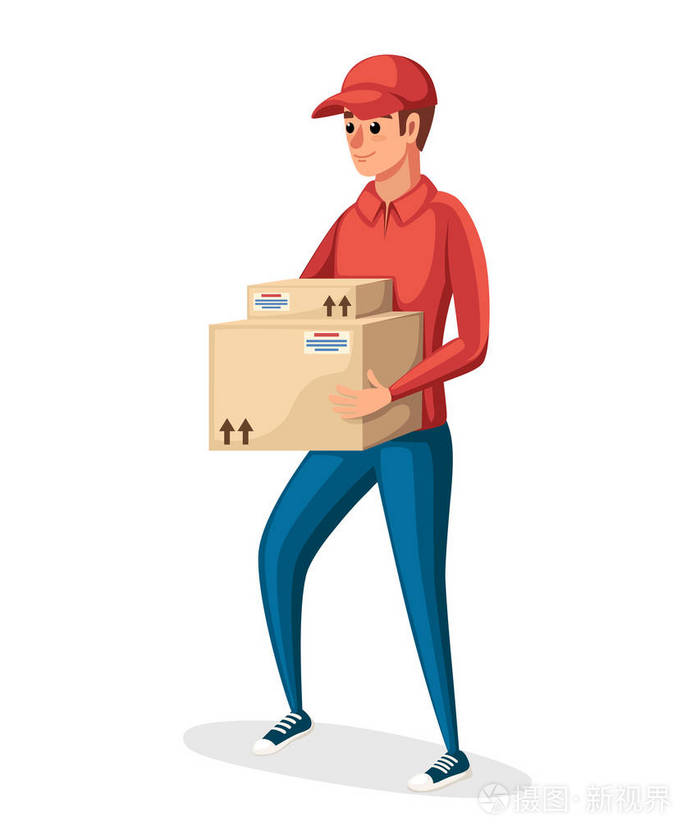 邮政快递员送货工人拿着两个纸板箱卡通人物设计红色邮政制服包裹和