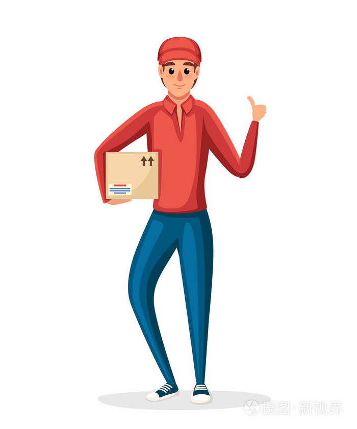 邮政快递员. 送货工人拿着纸板箱. 卡通人物设计. 红色邮政制服.