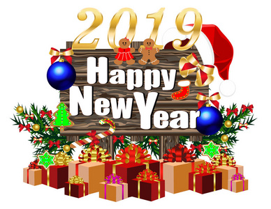 五颜六色的快乐新年2019年横幅与木板和礼品盒矢量插图