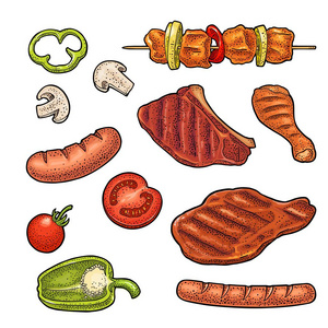 自助bbq设置肉类和蔬菜 bbq. 复古彩色矢量雕刻照片