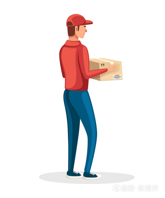 邮政快递员送货工人拿着纸板箱卡通人物设计红色邮政制服包裹和包裹的
