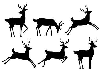 黑色剪影图标收藏..棕鹿。反刍动物。卡通动物设计。鹿角可爱.在白色背景上隔离的平面矢量插图。